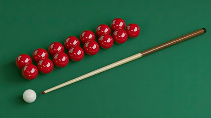 Red Pool Balls and Cue on Green Table Surface