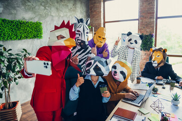 Portrait of panda rooster gorilla lion sloth zebra raccoon mask business people phone selfie conference loft business center indoors