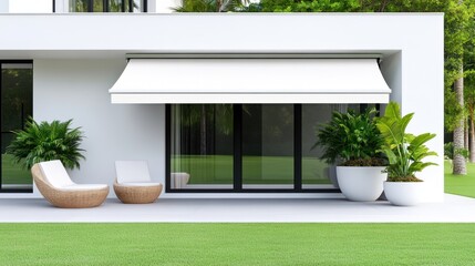 Modern patio featuring a white awning and potted plants.