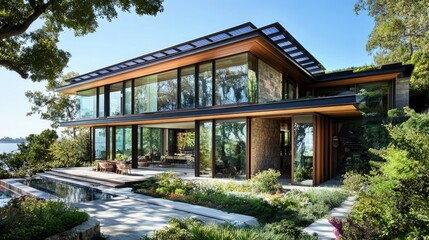 Fototapeta premium Modern House with Large Windows and Scenic Views