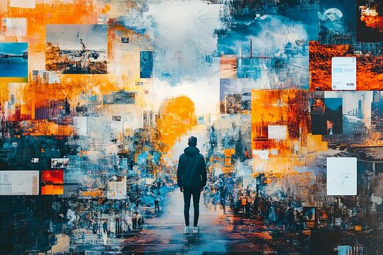 A vibrant collage showcasing diverse business settings, including modern offices and coworking spaces, integrated with tech elements like VR and AI, illustrating management strategies 