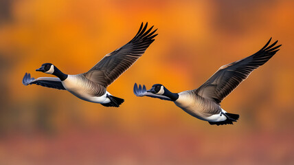 Fototapeta premium Fall Flight of the Geese - A couple of geese take flight against an orange blurry fall foliage