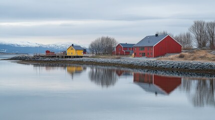 Fototapeta premium Colorful houses by tranquil water in scenic landscape