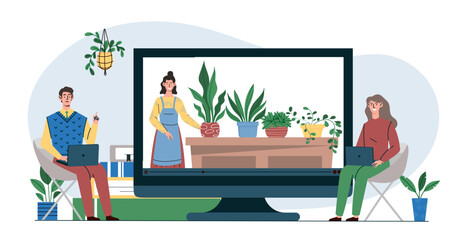 People with online florist. Man and woman watching video of young girl with flower pots. Gardening, botany and horticulture. Flat vector illustration isolated on white background