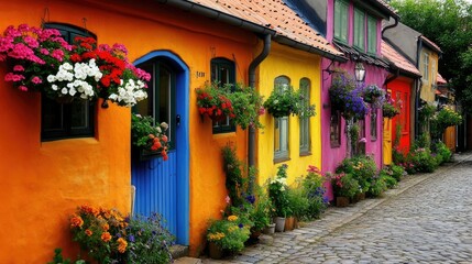 Fototapeta premium Colorful Houses with Flower Baskets in Charming Street