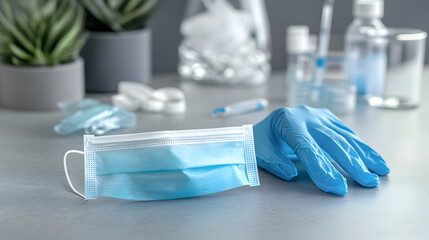 Medical supplies including a mask and gloves on a table, indicating health precautions.