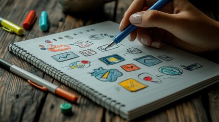 Hand sketching app icons in a notebook.