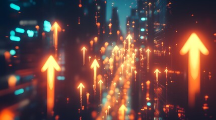 Abstract digital background with glowing orange arrows pointing upwards, symbolizing growth and progress.