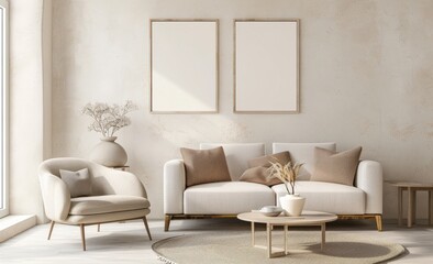 Minimalist living room interior with beige sofa. wooden coffee table. and two empty picture frames