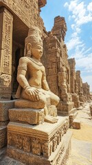 A majestic stone statue seated amidst ancient temple ruins under a blue sky.