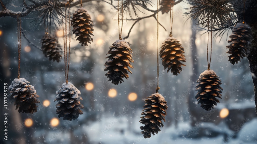Poster in a tranquil winter forest at dusk, pine cones hang delicately from tree branches, dusted with snow