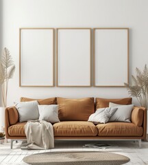 Minimalist living room interior with a brown leather sofa. three framed posters. a white throw blanket. and a potted plant