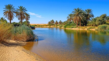 A tranquil oasis in the desert, featuring a calm blue lake surrounded by lush palm trees and reeds under a clear blue sky.