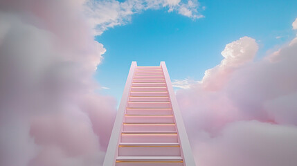 ladder extending into vast sky, surrounded by fluffy clouds, evokes wonder.