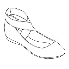 Women's Ballet Flats Shoes with ankle strap Line art, Technical sketch hand drawing outline vector doodle illustration side isometric view isolated on white background
