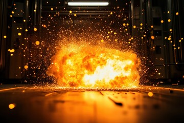 A fiery explosion sends sparks flying in a dimly lit environment, creating a dramatic visual effect.