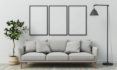 Modern living room interior design with a green sofa. three blank frames on a sage green wall. and a wooden floor