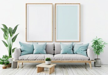 Two empty frames above a white sofa with pillows and a cactus in a living room with a wooden coffee table. a plant and a rug