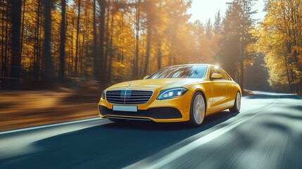Fototapeta premium Sleek yellow car driving through a serene autumn forest, showcasing speed and elegance amidst vibrant fall colors.