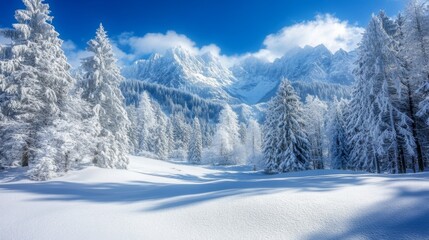 Obraz premium Snow-Covered Pine Trees in Front of a Mountain Range