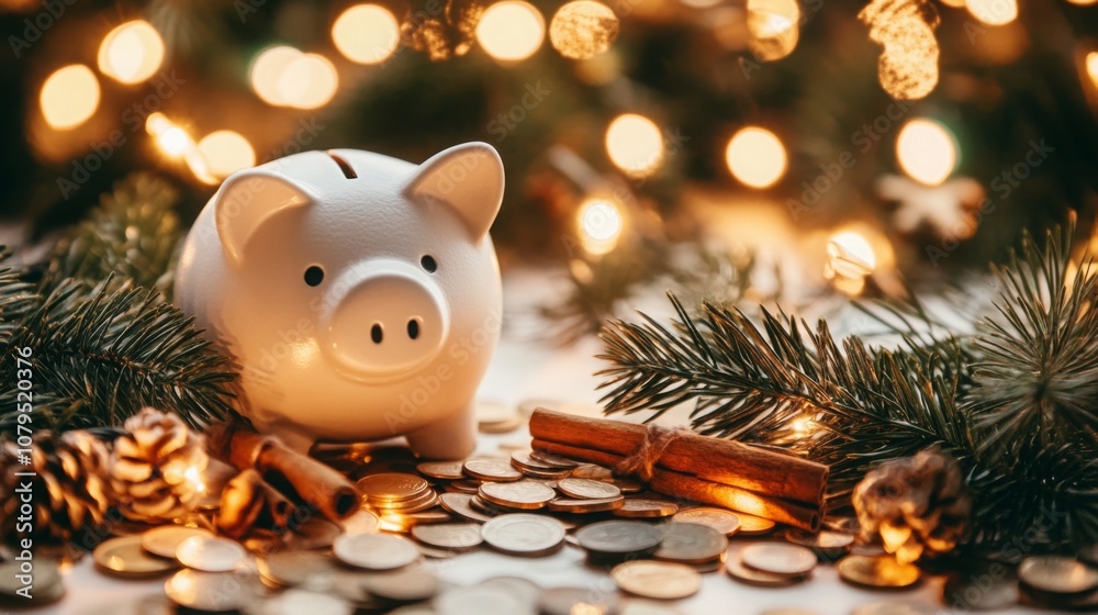 Poster A white piggy bank is on a table with a pine branch on either side. There are many coins scattered around the piggy bank, and there is a cinnamon stick tied with string on the right.