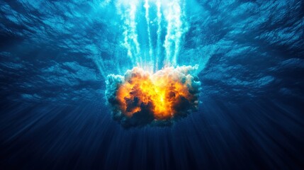 A dynamic underwater explosion with vibrant colors and dramatic lighting, showcasing waves and particles dispersing from the central burst.