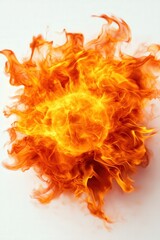 A vibrant, swirling flame bursting with orange and yellow hues, resembling a fiery explosion against a plain background.