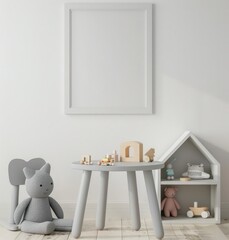 A minimalist nursery room with a large empty picture frame. a table and chair set. and a toy shelf filled with toys