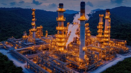 Obraz premium Industrial complex with illuminated towers and smoke stacks at dusk.