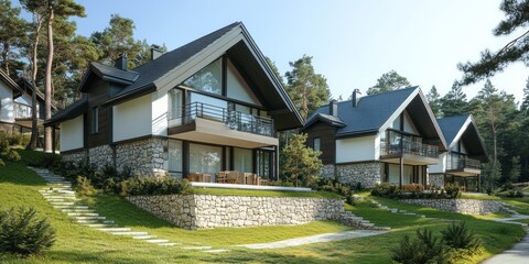 Modern houses with stone bases nestled in a forested area, showcasing contemporary architecture.