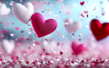 Obraz premium Floating pink and white hearts surrounded by colorful confetti create joyful and festive atmosphere, perfect for celebrations and romantic occasions