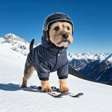A dog wearing a tiny ski outfit, skiing down a snowy slope, skiing, winter sports, dog, cute, funny, winter wonderland, outdoor, ski dog, dog sledding, sled dogs, snow, winter, ski, mountain, cold, sp