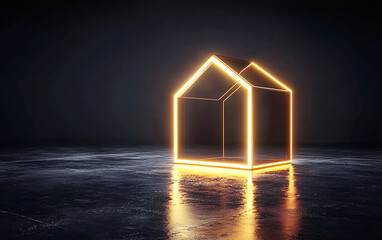 glowing neon house symbol on dark background, representing home and comfort. illuminated outline creates striking visual effect, evoking warmth and safety