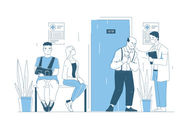 Heart attack in hospital. Elderly man holds his heart. Queue at hospital to see doctor, cardiologist. Diagnosis and treatment. Healthcare and medicine. Linear vector illustration