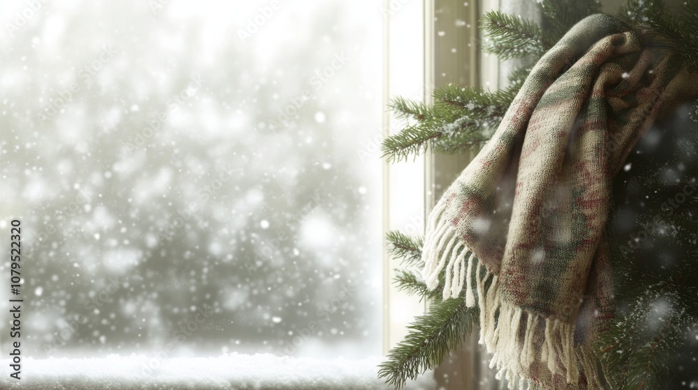 Poster a warm scarf is elegantly placed on a christmas tree as soft snowflakes fall outside the window. thi