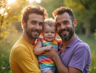 A Heartwarming Family Portrait: An LGBT Couple with Their Child, Embracing Love, Happiness, and Diversity in the Beauty of Nature.

