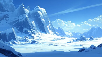 A Snowy Mountain Range with Blue Skies and Puffy Clouds