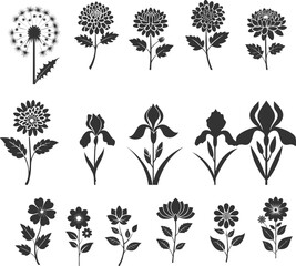 black flower silhouettes of dandelion, chrysanthemum, iris, wild flower simple vector icon with branch and leaves isolated from background