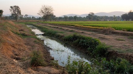 A small irrigation canal runs through a field of rice paddies in a rural area.
