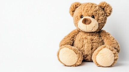 Obraz premium A brown teddy bear sitting on a white background, with a smiling face.