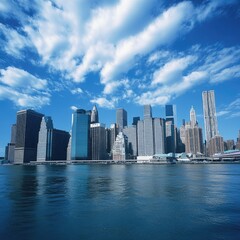 Fototapeta premium A panoramic view of a city skyline with skyscrapers, blue sky, and water.