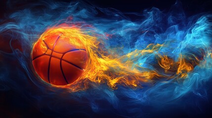 Fototapeta premium Basketball engulfed in dynamic flames with a blue smoke trail against a dark background, symbolizing energy and motion.
