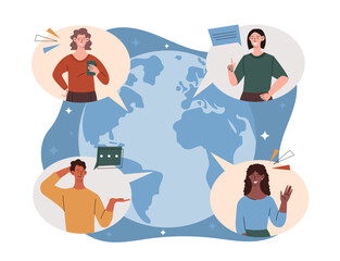 People with international communication. Men and women on world map. Chatting and dialogues on social networks and messengers. Flat vector illustration isolated on white background