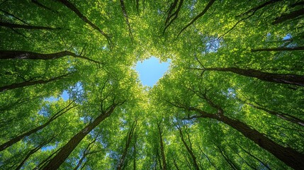 Fototapeta premium Looking up at the sky through a heart-shaped gap in the canopy of trees.