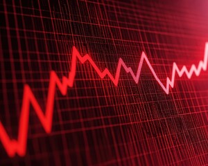 A dynamic red graph displaying fluctuating lines, suggesting volatility or decline, set against a grid background.