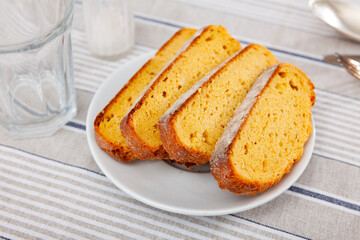 Freshly baked sliced bread on a plate. Close-up image