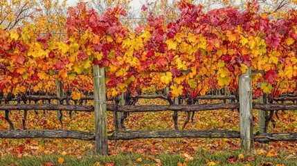 A vineyard in autumn with colorful leaves on the vines and fallen leaves on the ground.
