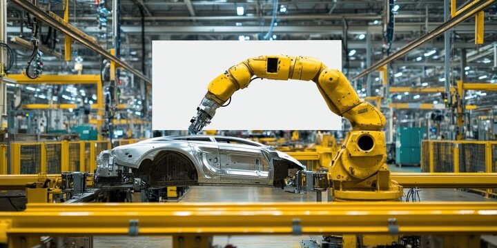 Yellow robotic arm assembling a car body in a factory.