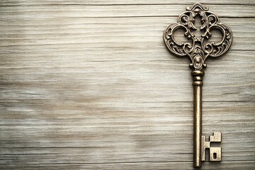 A vintage ornate key lays on a rustic wooden surface with copy space.