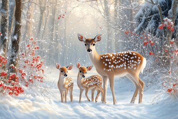 A serene winter scene with a doe and two fawns in a snowy forest, surrounded by falling snow and red berries.